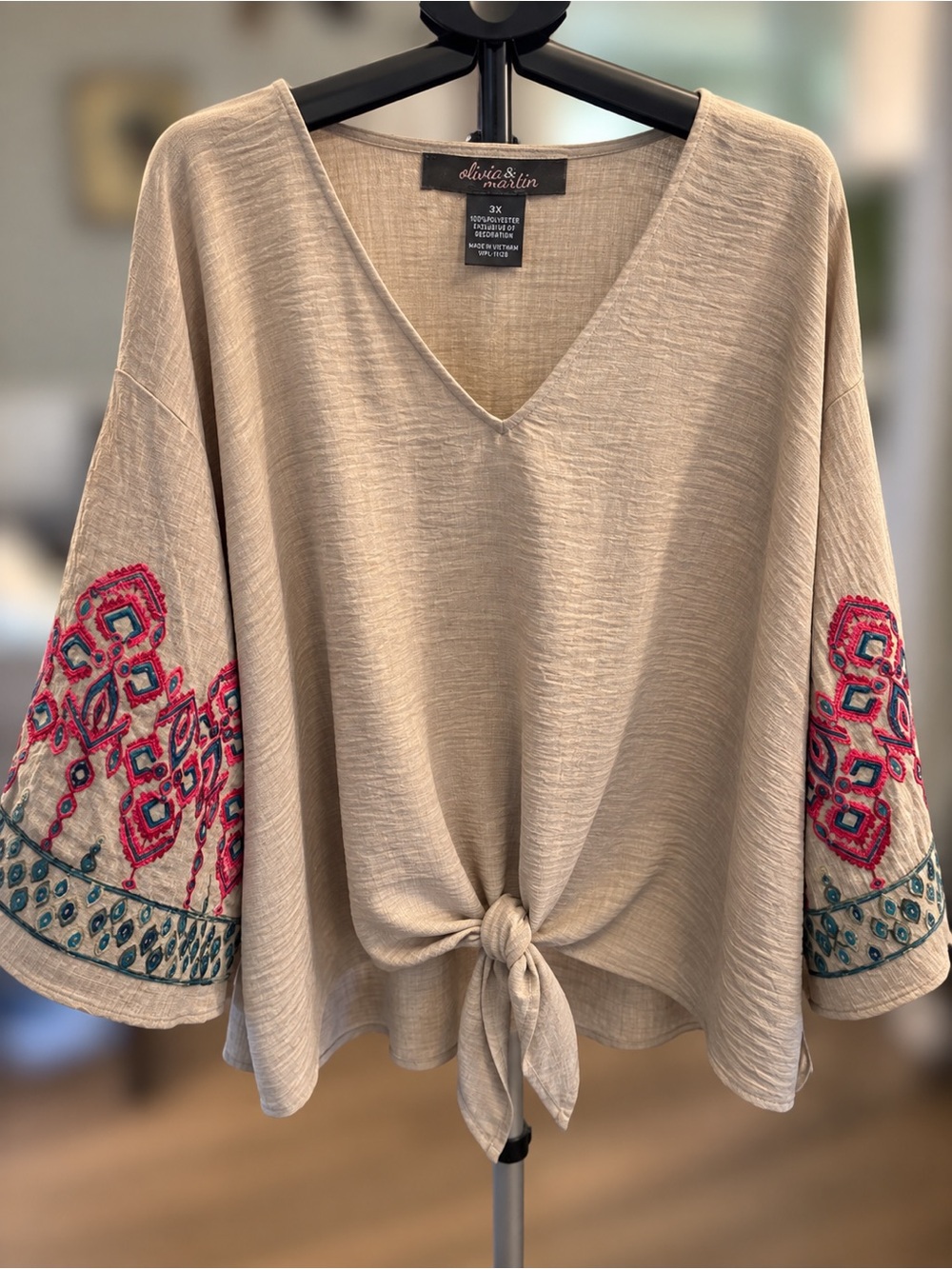 Olivia & Martin Beige V-Neck Tie-Front Embroidered Sleeve Tunic